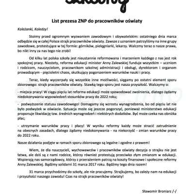 List Prezesa ZNP do pracowników oświaty